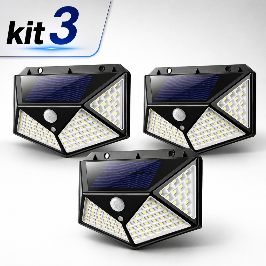 Kit 3 Luminária Solar 100 LED Sensor Presença Parede Jardim BF/BQ