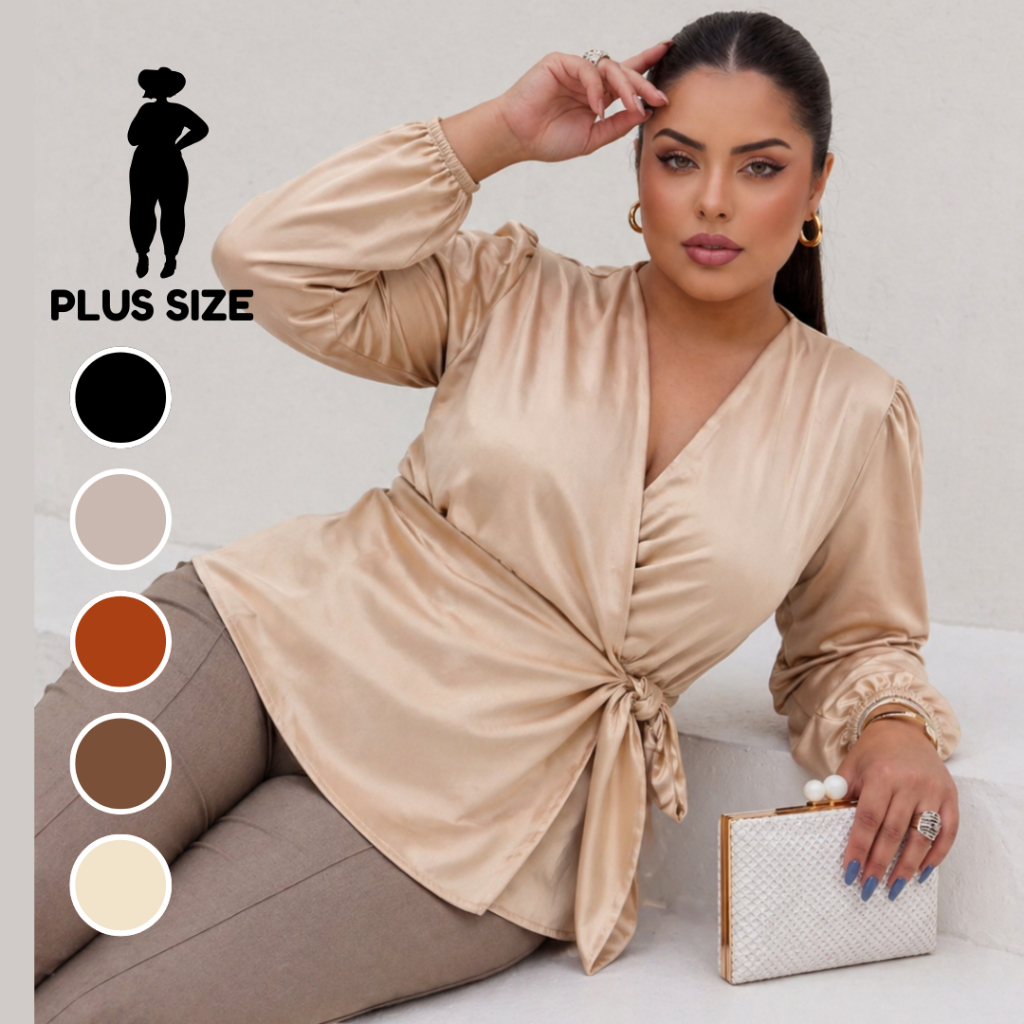 Blusa Cetim Feminina Plus Size Transpassada Manga Longa G1 G2 G3 Elegante Nó Frontal Decote V elegante