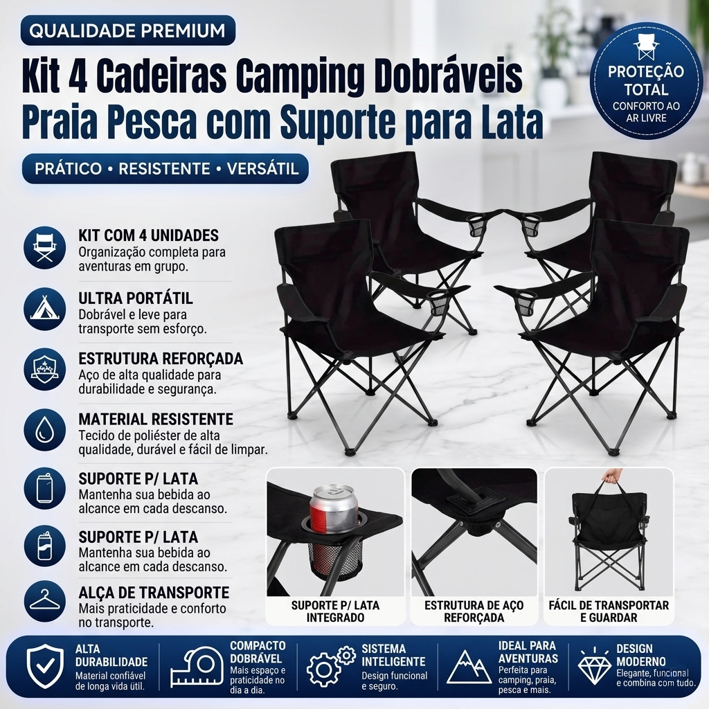Kit 4 Cadeiras Camping Dobráveis Praia Pesca Suporte P/lata