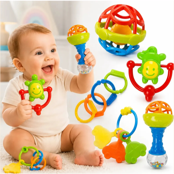 Kit 8 peças Mordedor para Bebe Sensorial Macio com Chocalho Bolinha. Criança Bebe