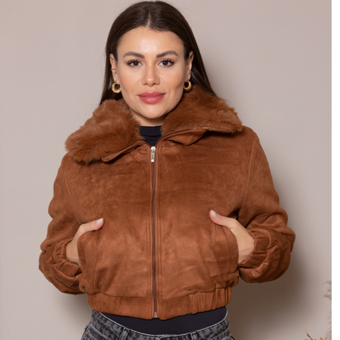 Jaqueta Feminina em Suede Casaco Bomber Gola de Pelo Removivel