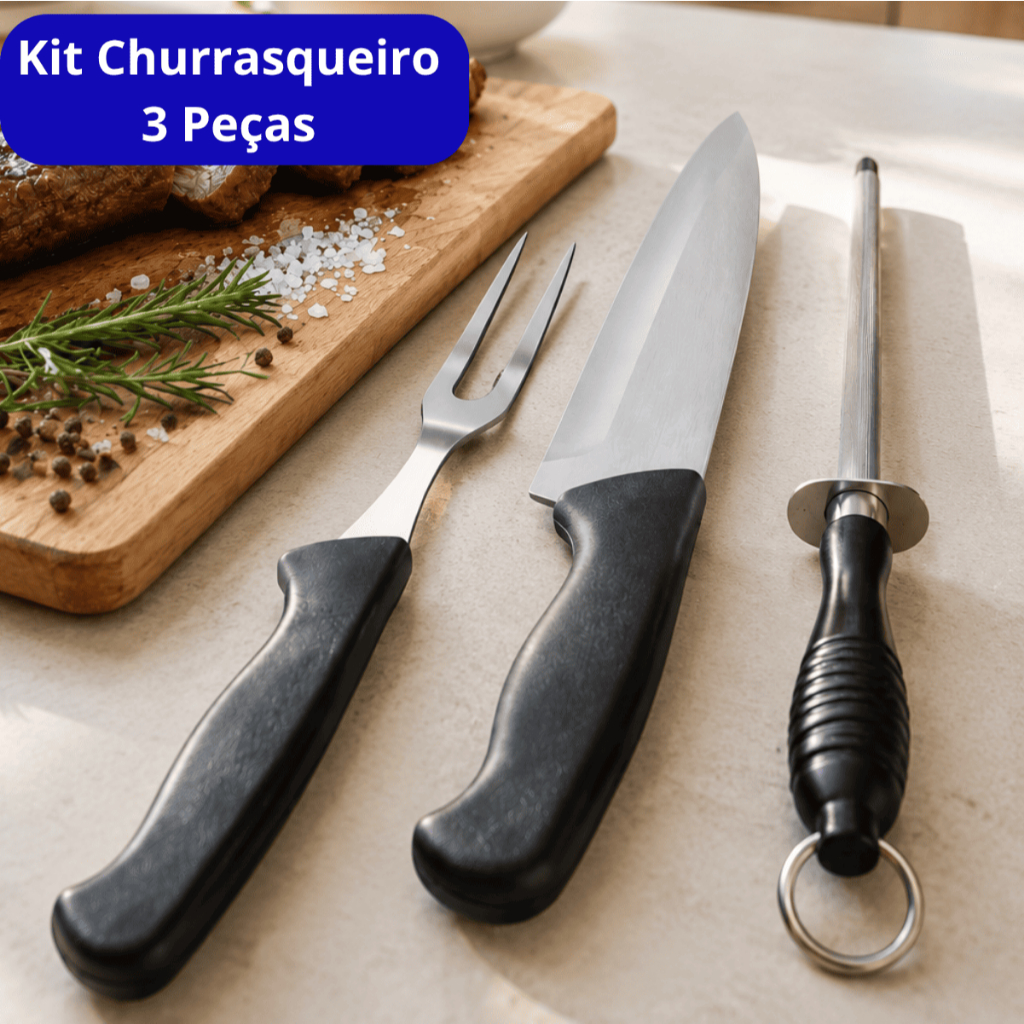 Kit Churrasco 3 Peças Conjunto Para Churrasco Assador Faca Garfo Chaira Profissional Mor Oferta