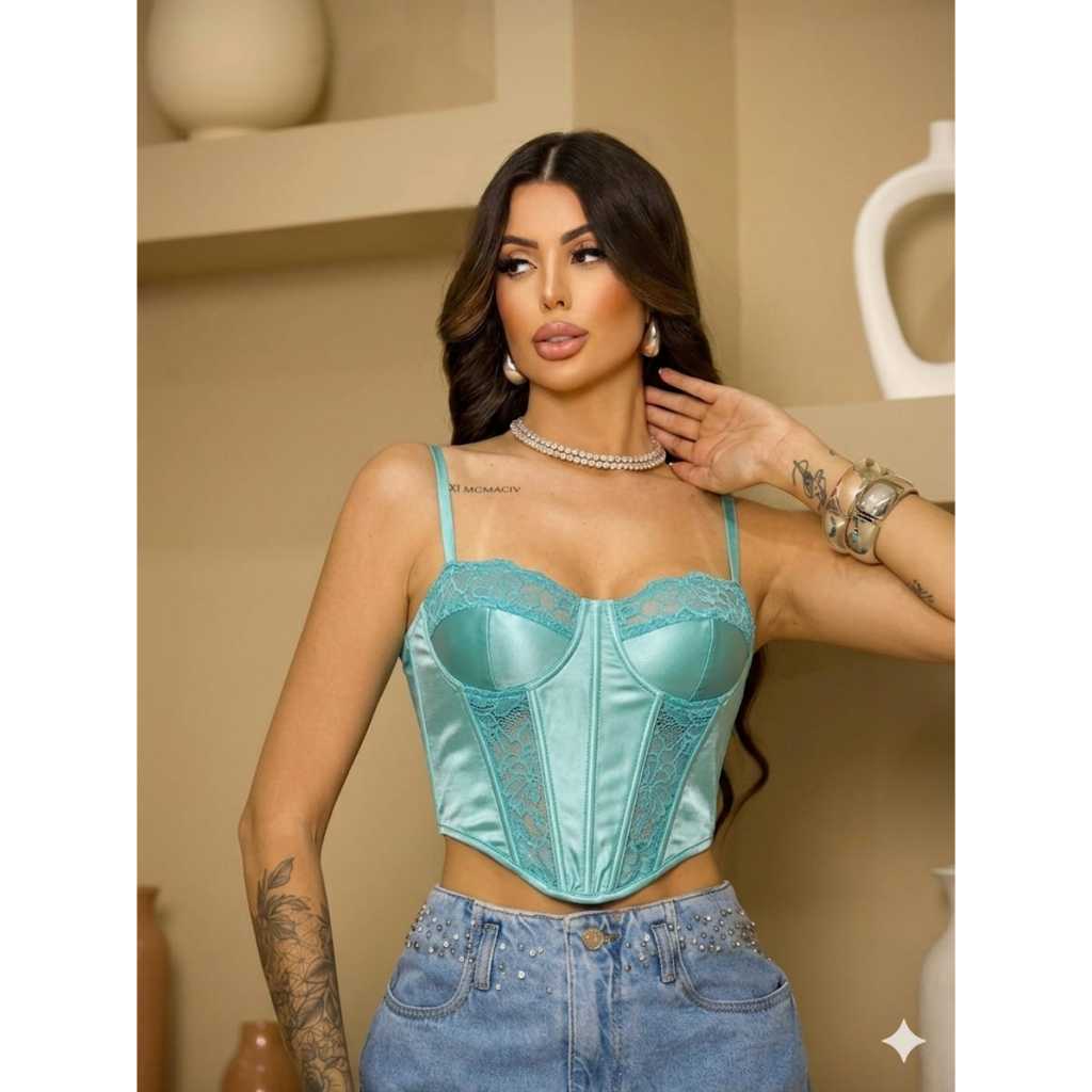 Crop Top Corset Renda com Bojo Push Up-Top Elegante Satinado Mujer, Ajustado Sexy Moda