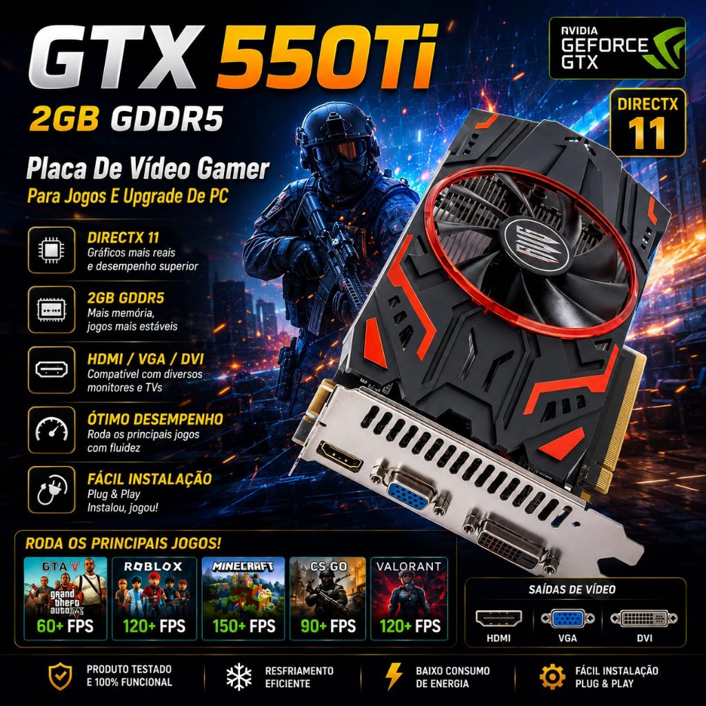 GTX 550 Ti 2GB GDDR5 Placa De Vídeo Gamer PC Roblox GTA Minecraft