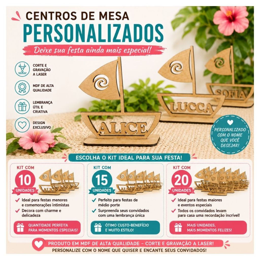 20 Centros de Mesa Moana MDF Personalizado Enfeite Festa Infantil Lembrancinha Decorativa