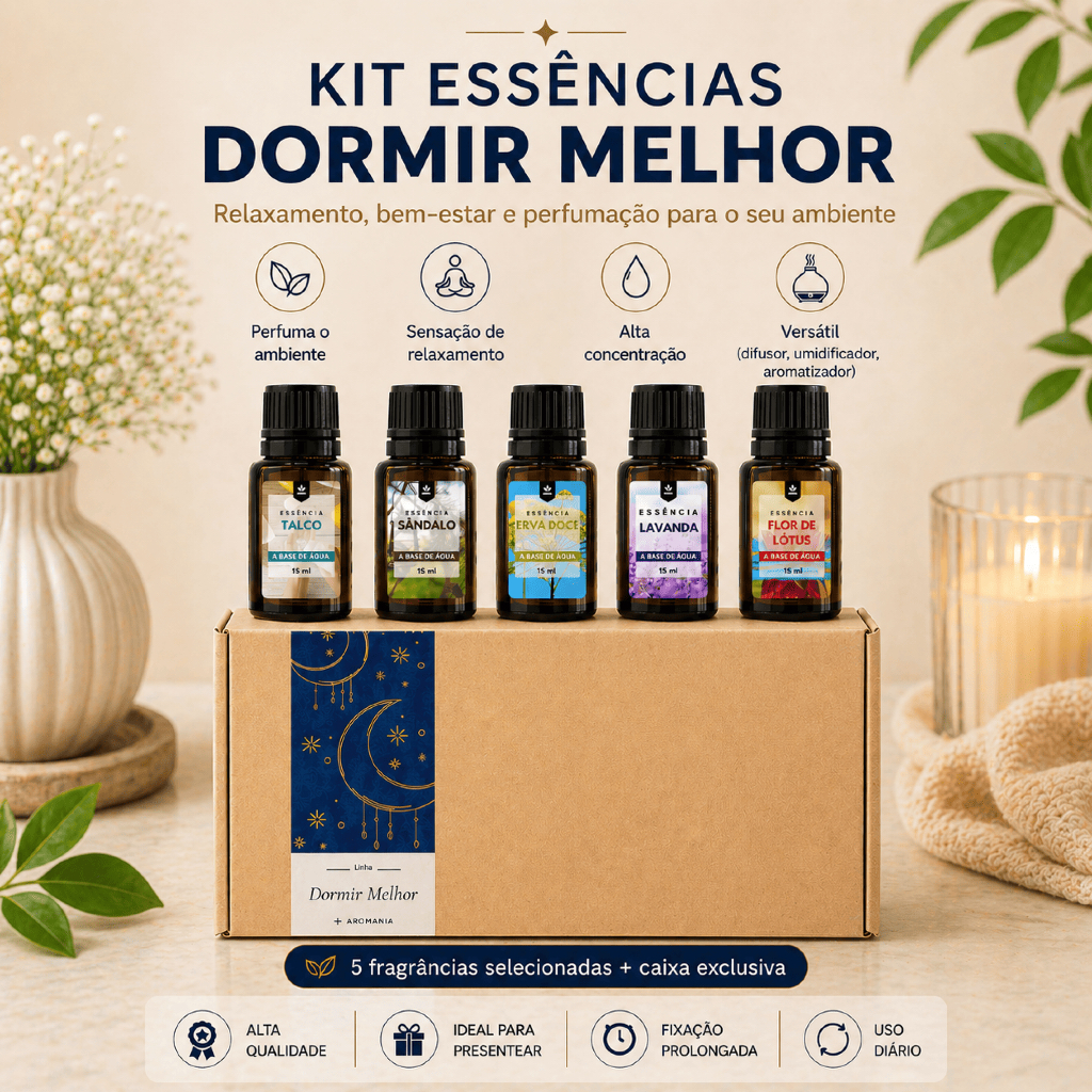 Kit Dormir Melhor 5 Essências Para Difusor Umidificador e Aromatizador de Ambiente - Hidrossolúvel Premium Aromania