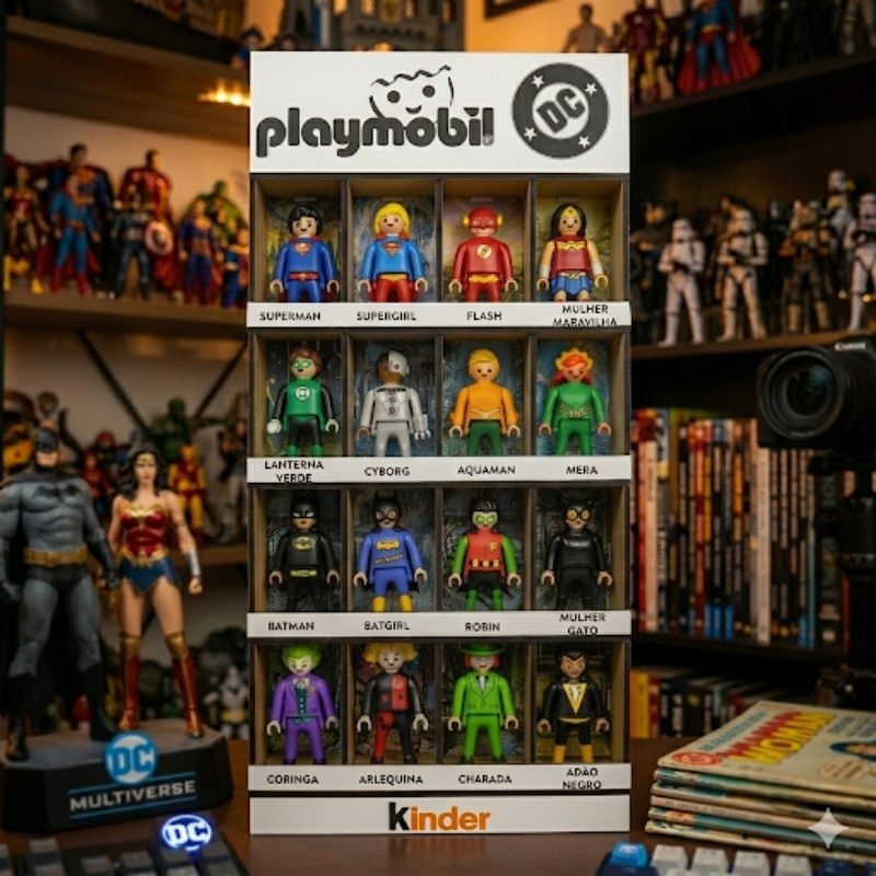 Expositor DC Playmobil Kinder Ovo em MDF Colorido | Organizador Coleção Super-Heróis Decorativo