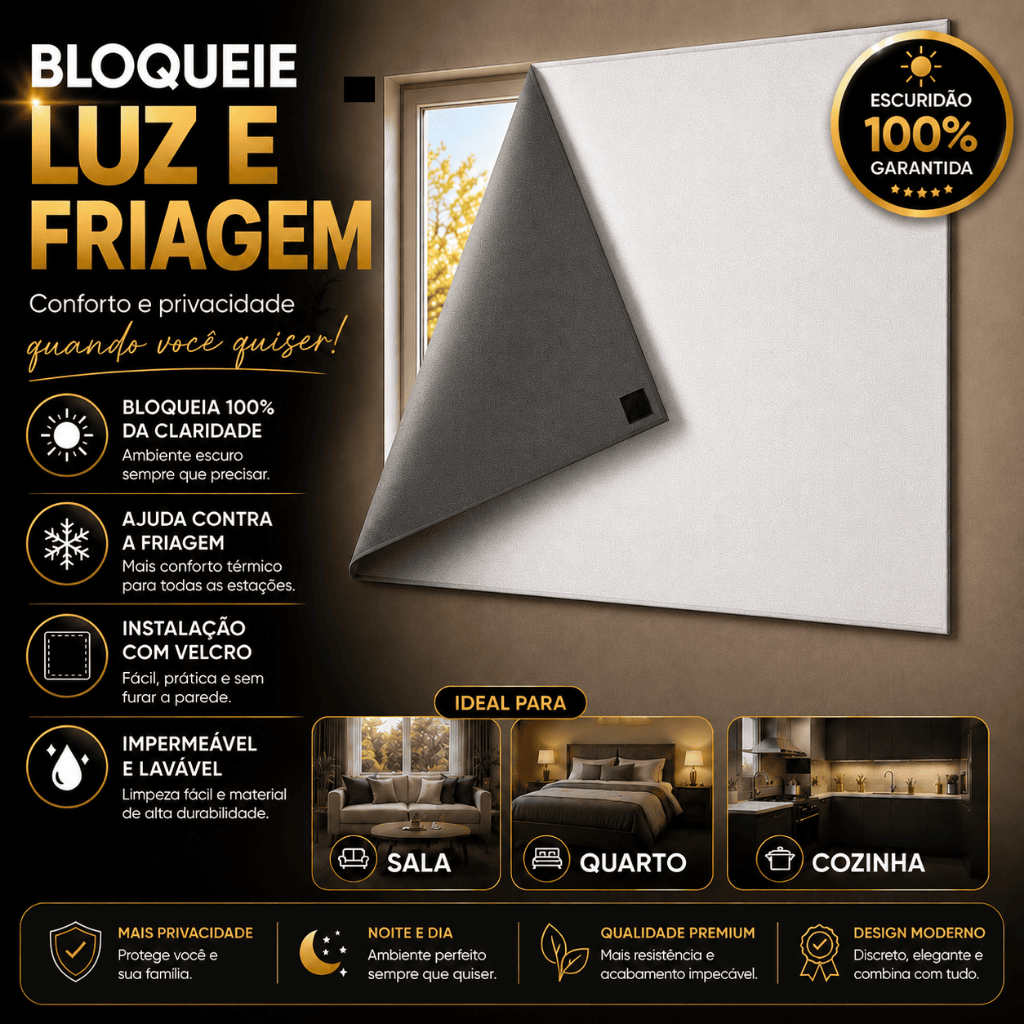 Cortina Blackout Painel com Velcro Adesivo Bloqueia a Luz Instalação Fácil Sala Quarto Banheiro Varias Cores