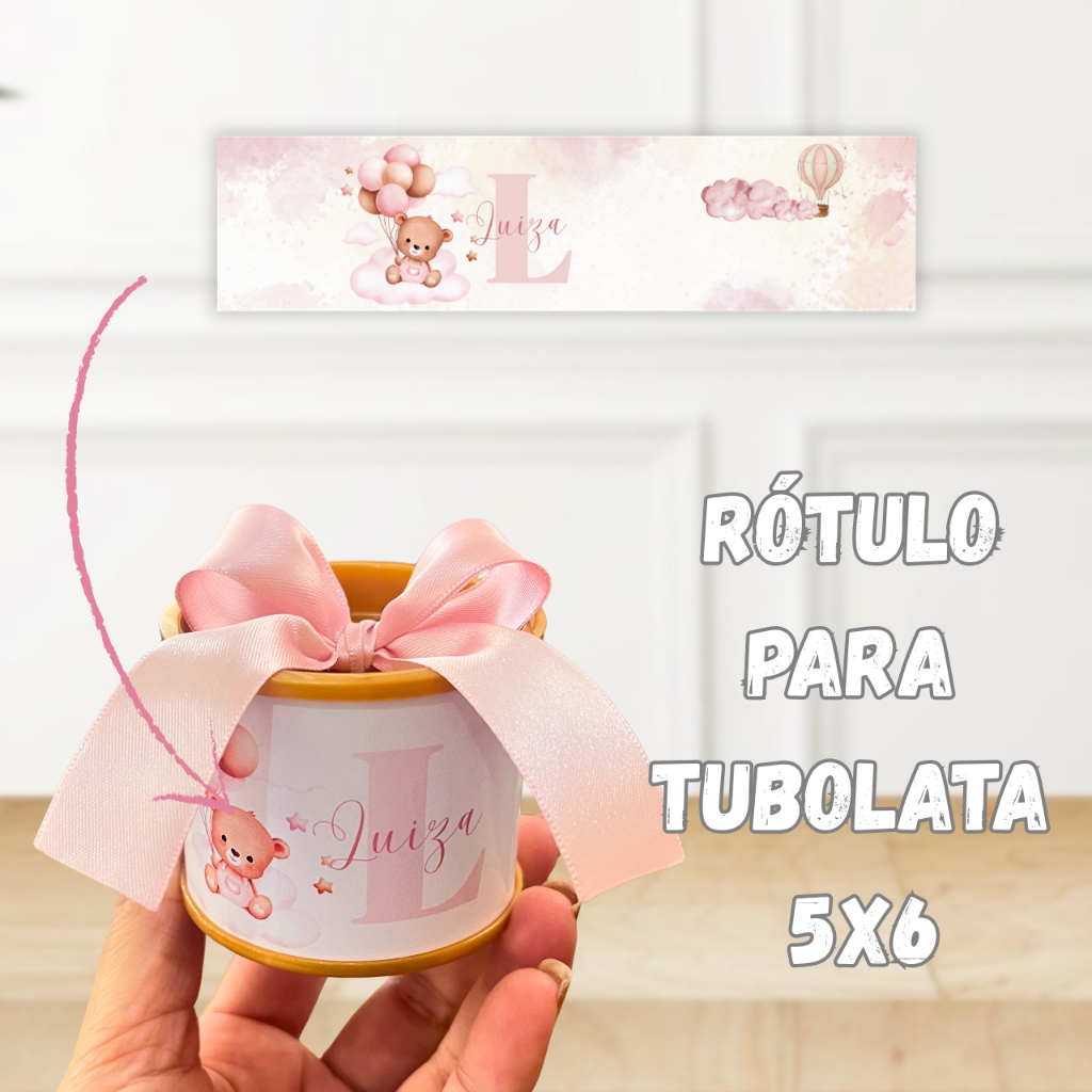 Rótulo Adesivo para tubolata 5x6-Ursinha rosa baloeira-Fazemos todos os temas- Lembrancinha maternidade/ chá de bebê