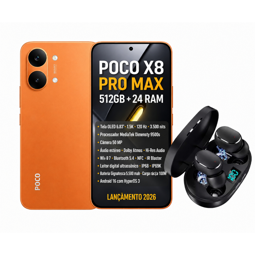 CELULAR XIAOMI POCO X8 PRO MAX 512GB 5G 12RAM NFC VERSÃO GLOBAL ORIGINAL + FONE