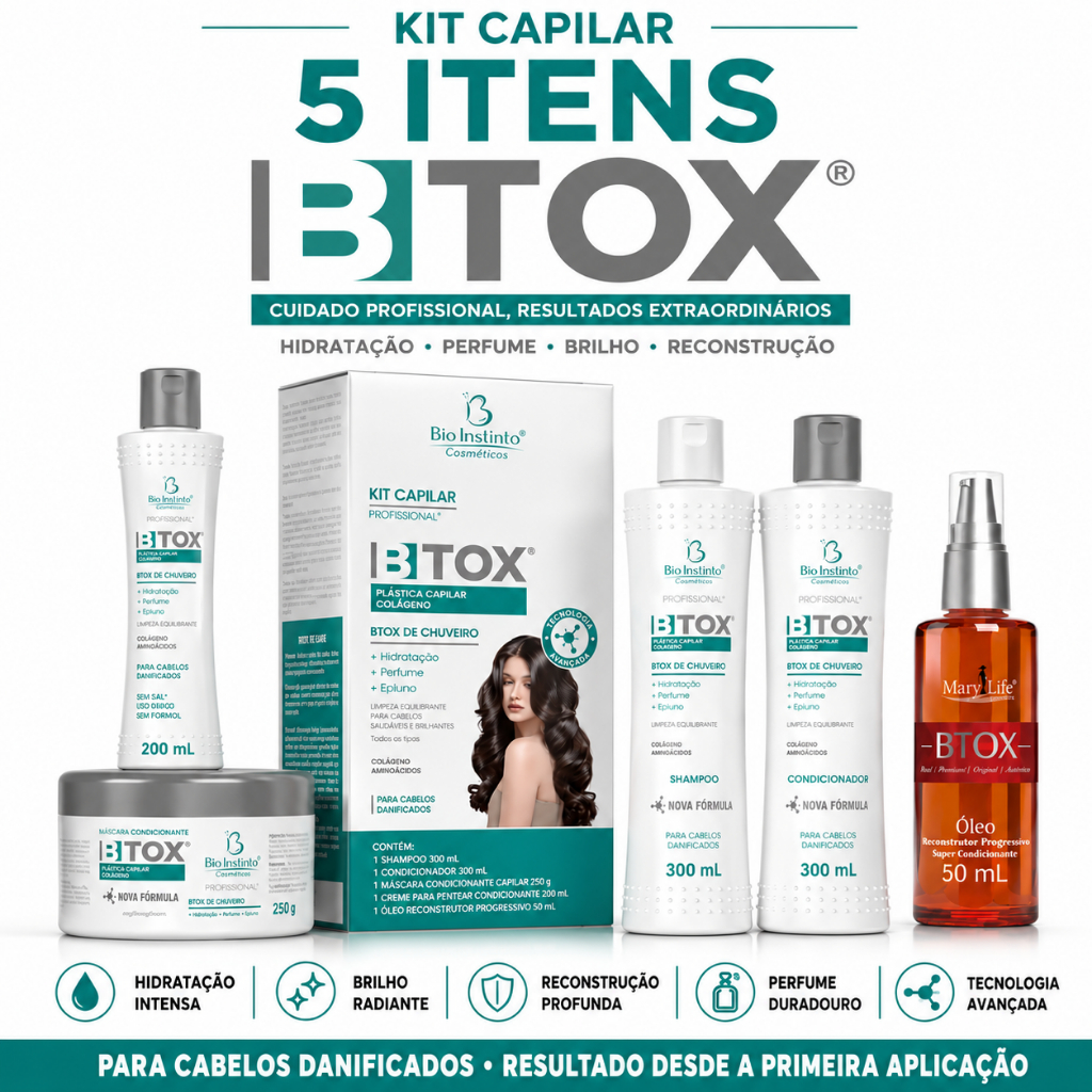 Shampoo e condicionador máscara de hidratação leave in e óleo para cabelo BTOX Reconstrutor Pós Progressiva kit 5 itens