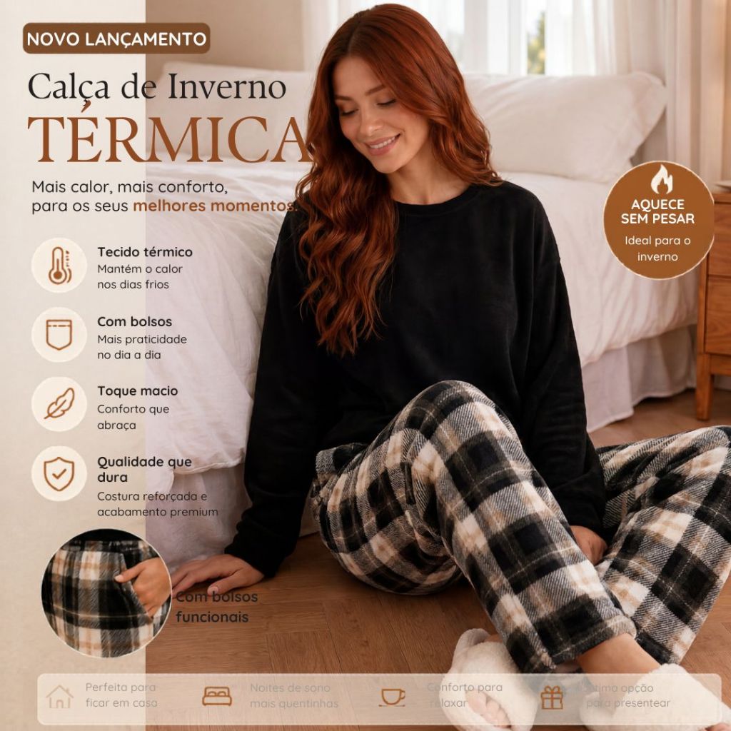 Calça Fleece Feminina Pijama Ted Inverno Quentinha Peluciada Xadrez e Lisa