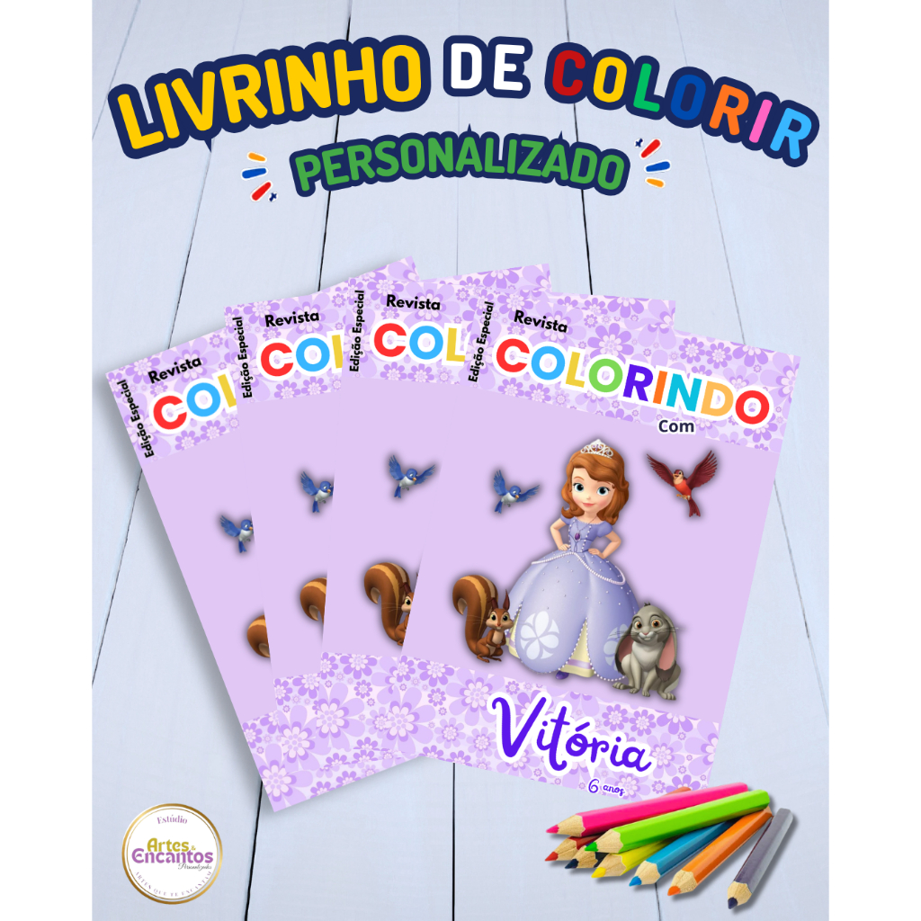 Revistinha de colorir Livrinho Lembrancinha infantil personalizada Aniversário Tema Princesa Sofia