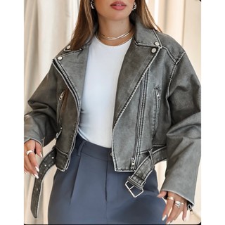 COURO JEANS Jaqueta de Couro Estonada Lavagem Jeans Feminina Casaco Feminino Jaqueta Cinza Couro Pu Com Cinto Removível