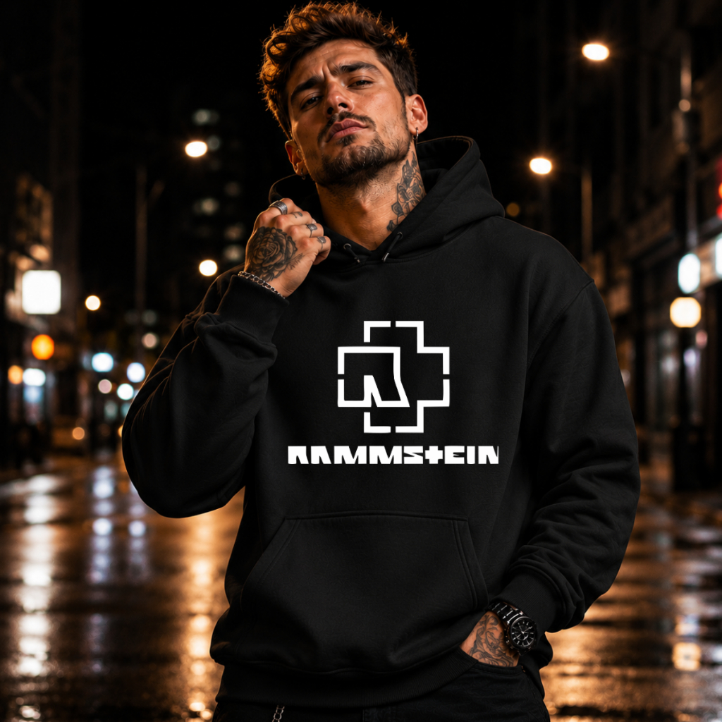 Blusa de Frio Masculina Estampado Rammstein Rock Moletom Feminino Canguru Flanelado Unissex