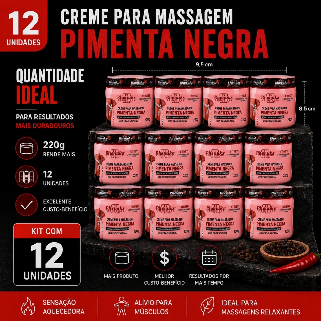 Creme Para Massagem Pimenta Negra Rhenuks 200g Kit 1 2 Unidades Ação Aquecedora Uso Profissional