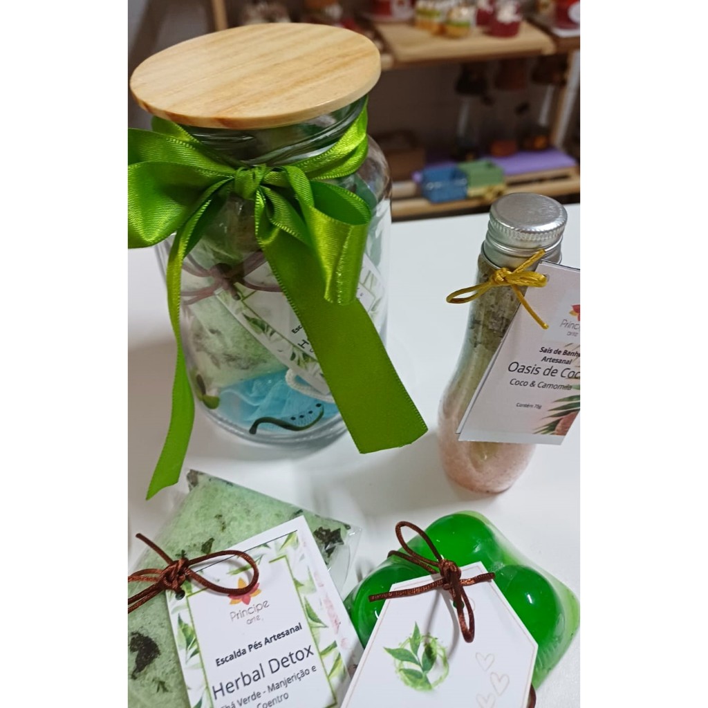Kit Spa No Pote Chá Verde Pricipe Arte Sabonete Escalda Pés Sais Esponja Presente Criativo Relaxante