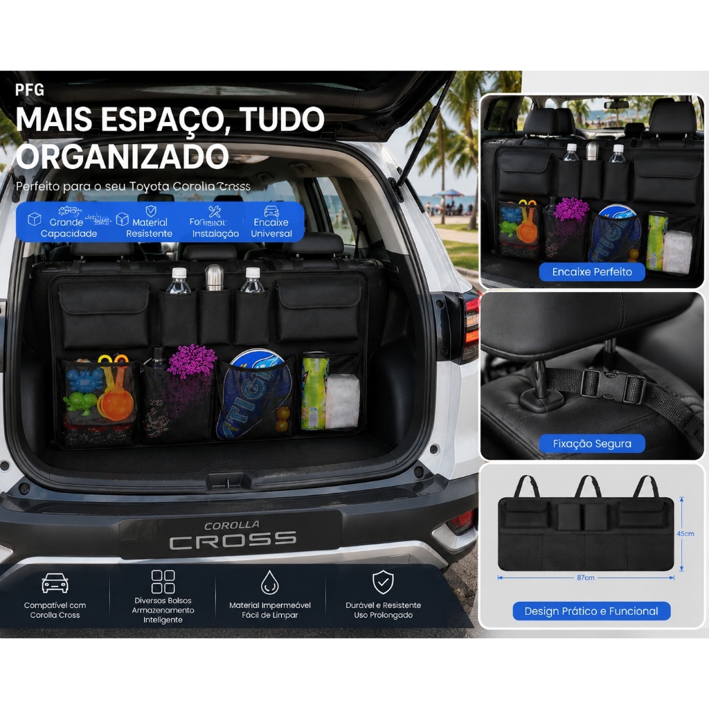 Organizador Porta-Malas Universal Carro Oxford Grande Capacidade Multiuso com Rede e Fixação Banco Traseiro