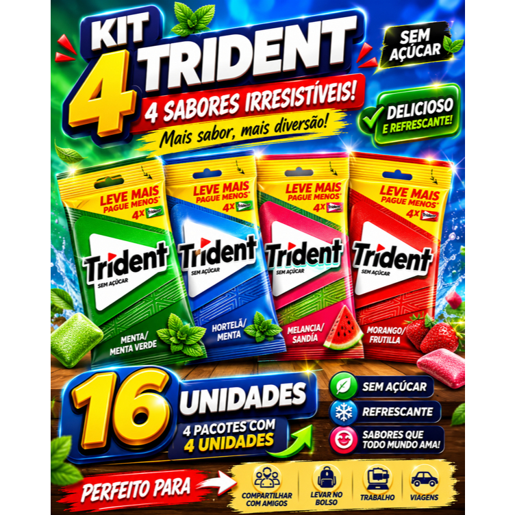 Kit 16 Trident Chiclete Sabores 32g 4 pcts