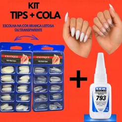 Unhas Postiças + Cola Tek Bond Amendoada Almond Bailarina Branca Transparente Tips Natural Realista