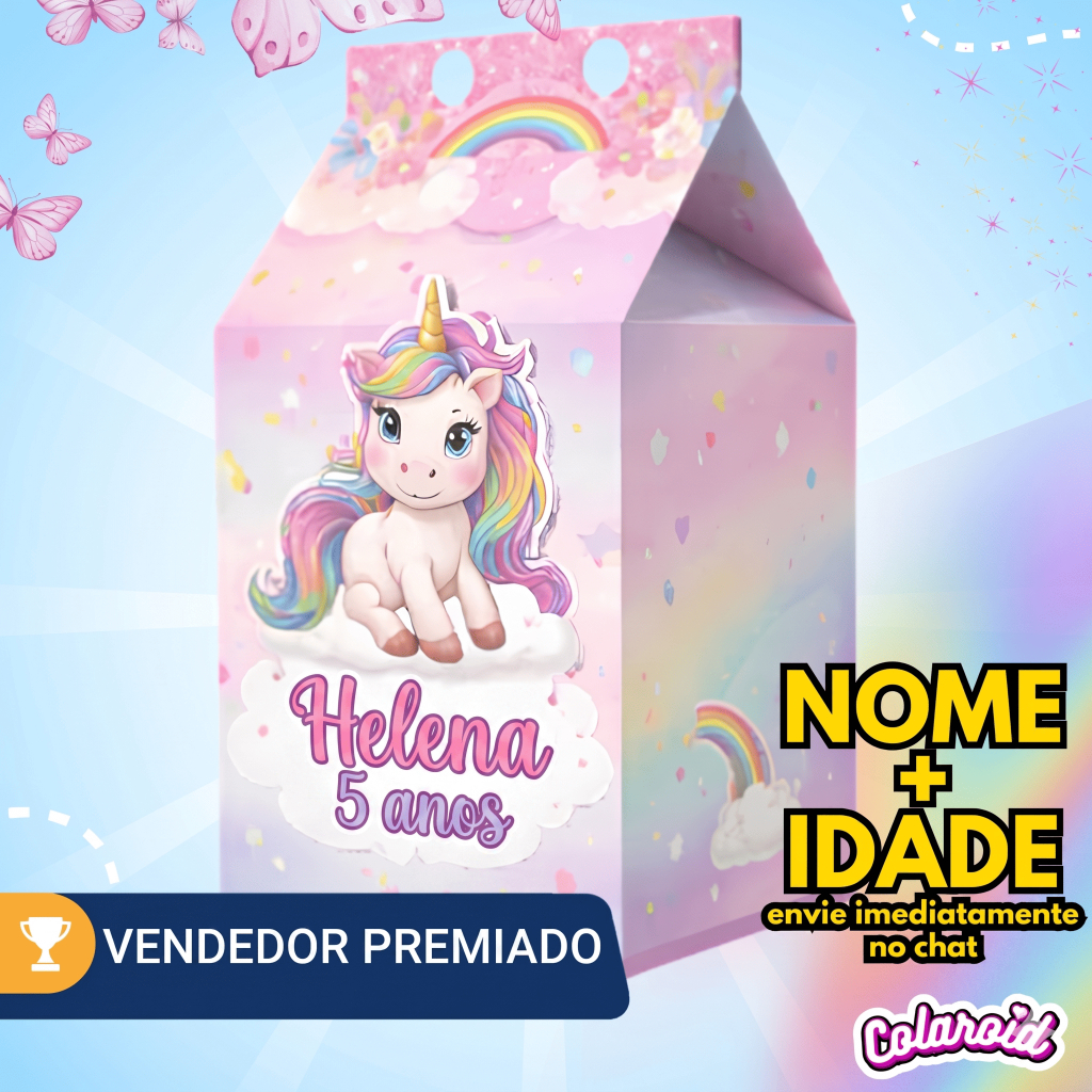 Caixinha Milk Unicórnio Colorido para Festa Personalizada - Lembrancinha para Festa - Kit 10 a 100 unidades