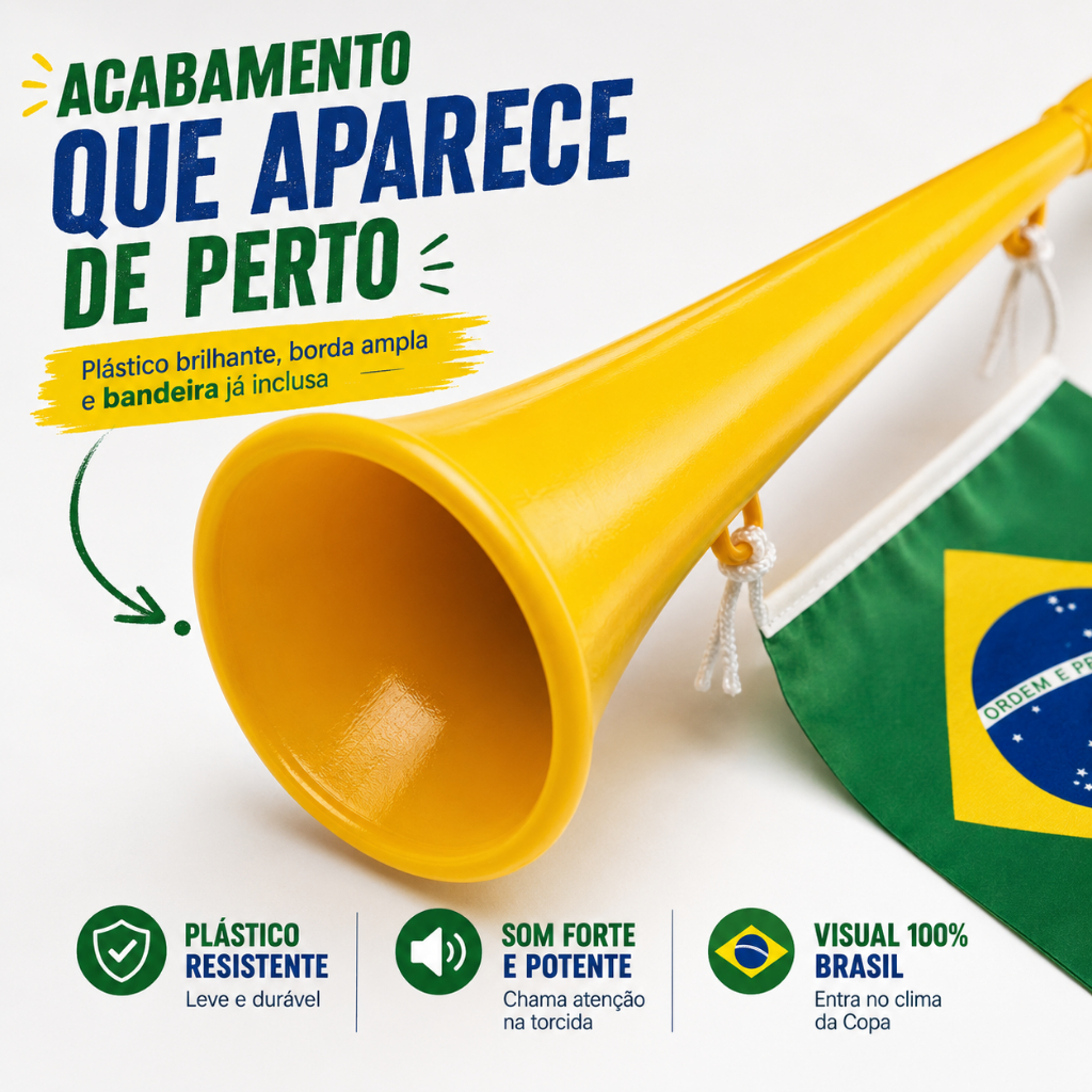 Vuvuzela Brasil Amarela com Bandeira para Torcida Copa Futebol Seleção Brasileira Corneta Som Forte