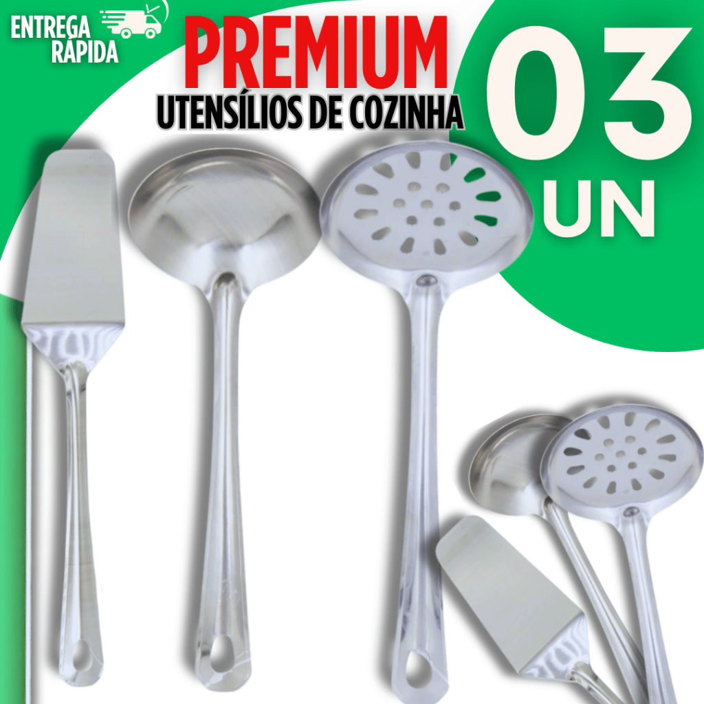 Combo Utensílios Cozinha Concha Espumadeiras e Espátula pra Bolo Restaurante Buffet Aço Inox Premium
