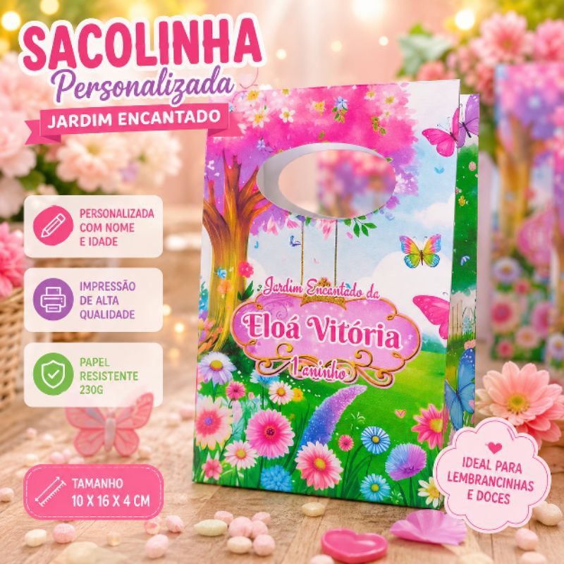 Sacolinha Personalizada Jardim Encantado Borboletas Luxo com Nome e Idade Festa Infantil