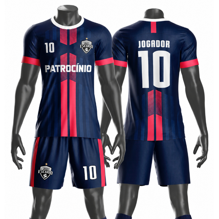 Uniforme jogador futebol amador esportivo camiseta e calção personalizavél nome número escudo mo 108