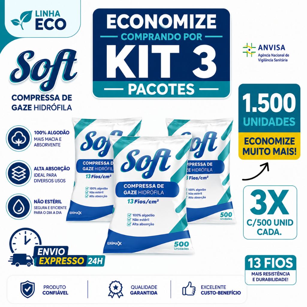Kit 3 Compressa De Gaze 13 Fios 1500 Unidades Soft Hidrófila Gazes Descartável Anvisa