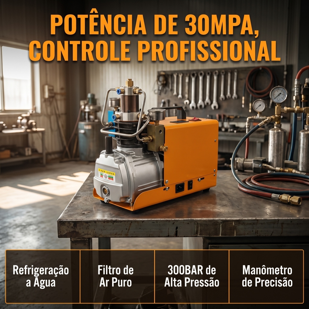 Compressor de Ar PCP Alta Pressão 110V com Refrigeração a Água 30MPa 4500PSI para Cilindro e Paintball