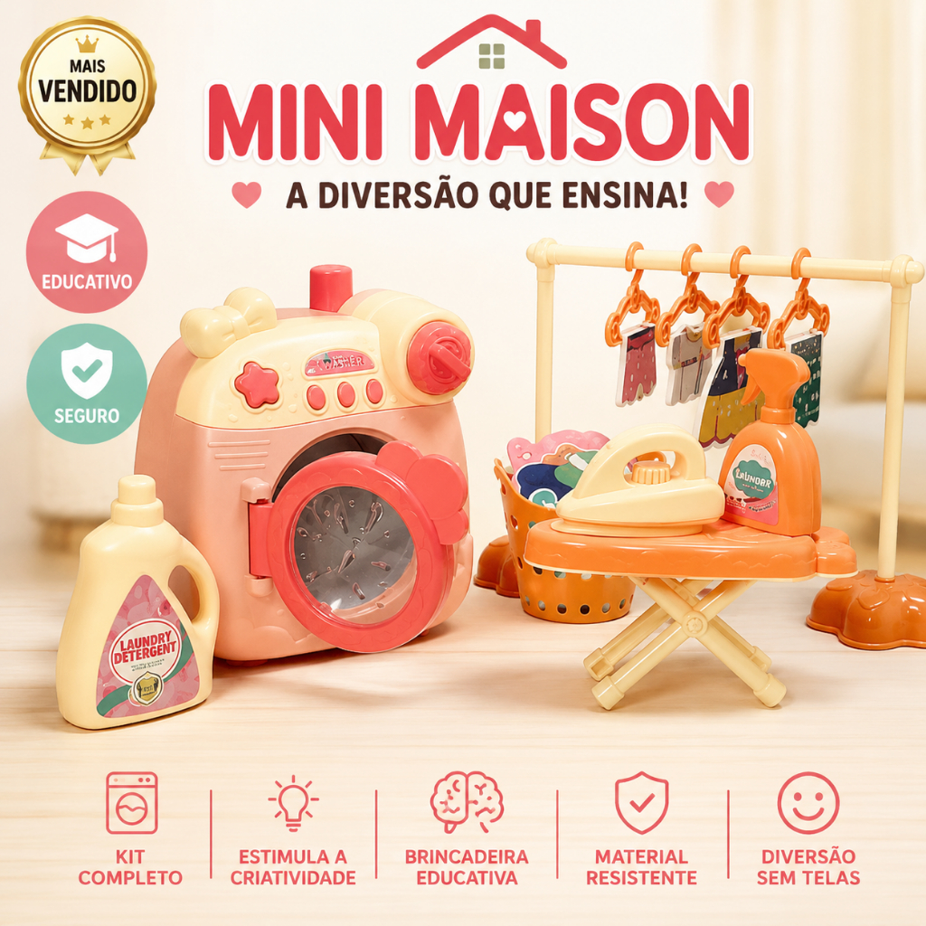 Mini Maison™ Kit Lavanderia Infantil Completo Máquina Infantil Lavar Ferro Tábua Brinquedo Educativo
