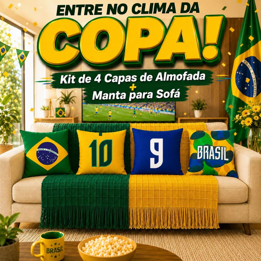 Kit Decoração Copa do Mundo Manta Sofá + Kit 4 Capas de Almofada Brasil
