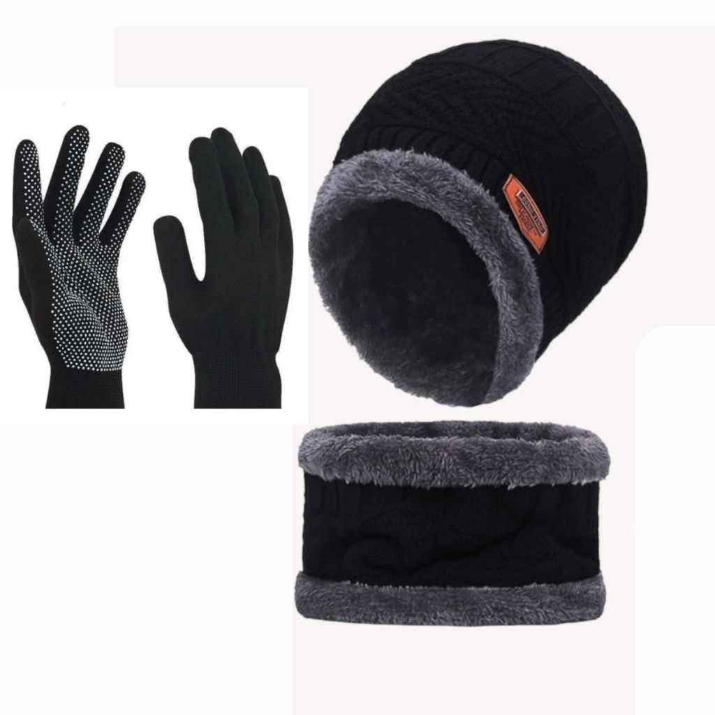 Kit Inverno Touca de Frio + Gola Forrada + Luva com Bolinha Antiderrapante  Unissex