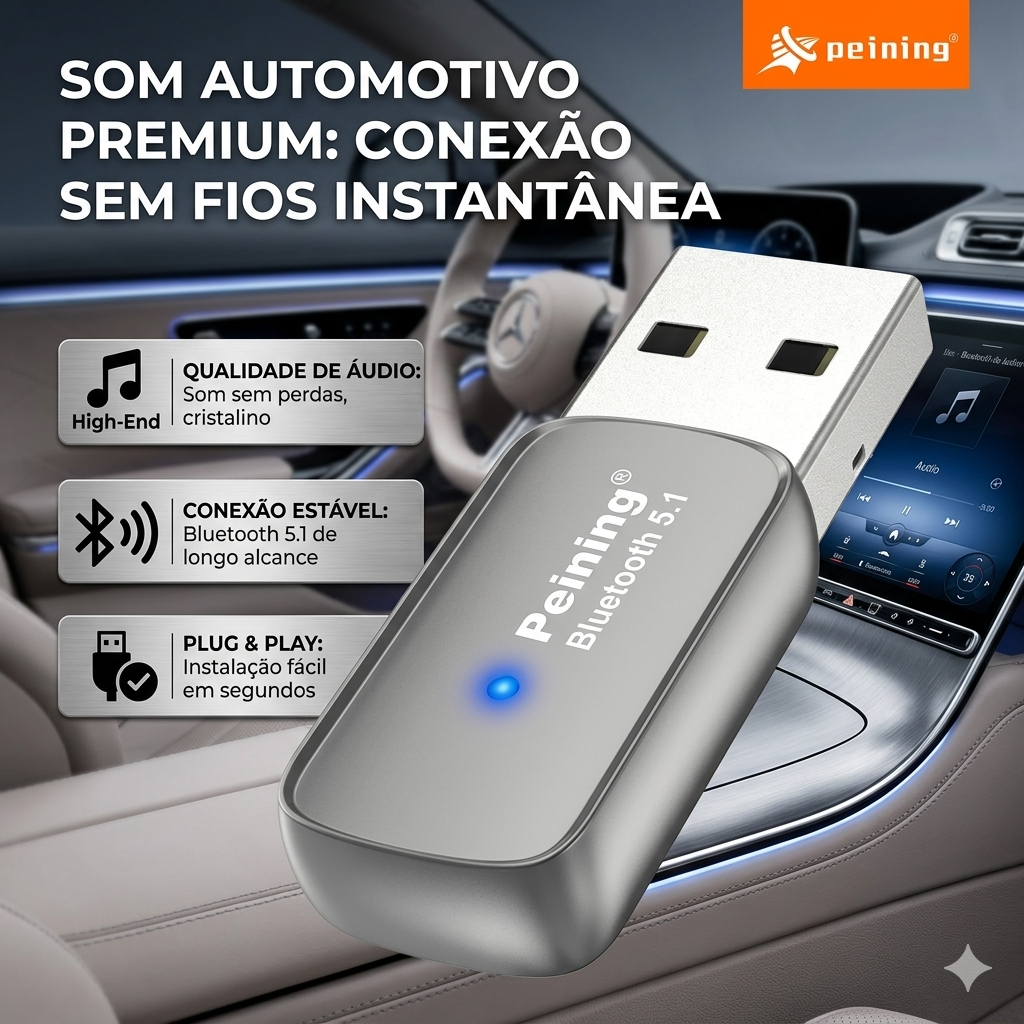 Receptor Bluetooth PEI-BTA05 USB Som Automotivo Áudio Sem Fio Bluetooth 5.1