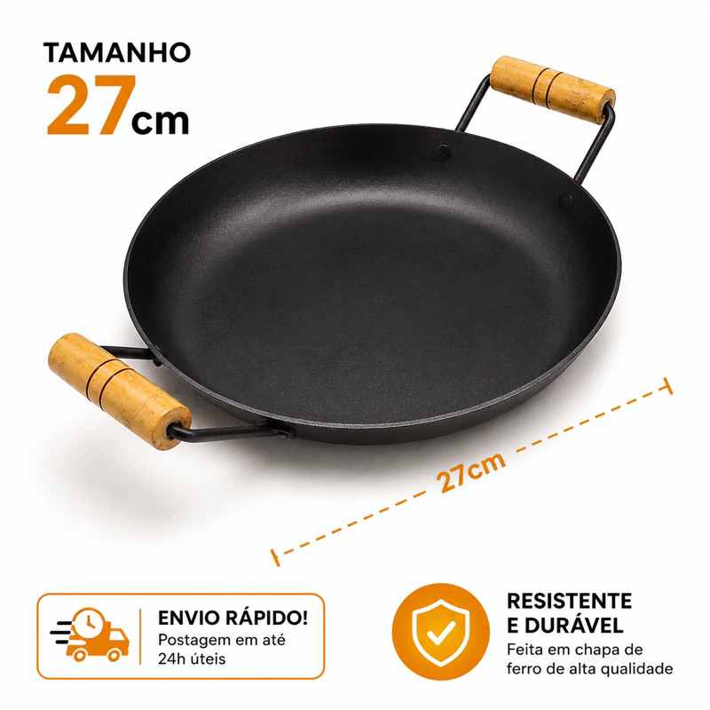 Tacho Disco de Arado 27cm para Porções Chapa de Arado com Alças de Madeira