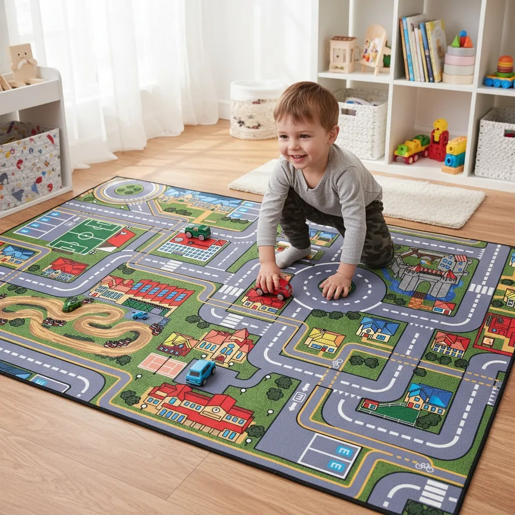 Tapete de Corrida Infantil Emborrachado 150x100cm Criança Grande Pista Carrinho Carros Cidade Lona