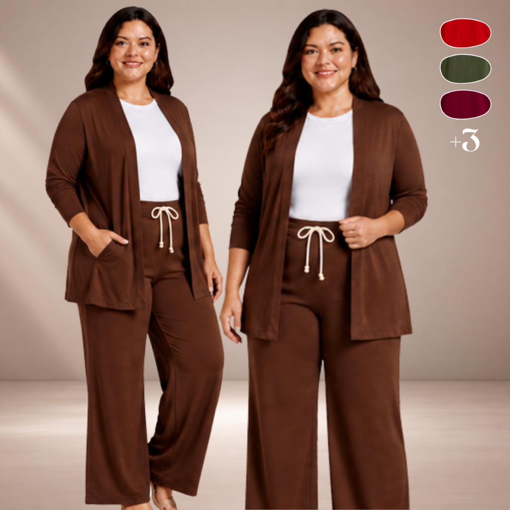 Conjunto Feminino Casaco Aberto Manga Longa e Calça Pantalona Viscolycra Casual Elegante