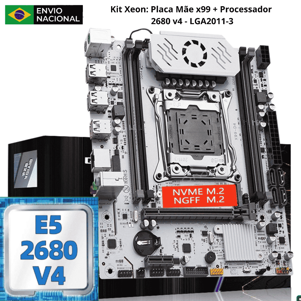 Kit Xeon Placa Mãe X99 Qiyida D4 + Processador Xeon E5 2680v4 com Pasta Térmica e Suporte pra Cooler