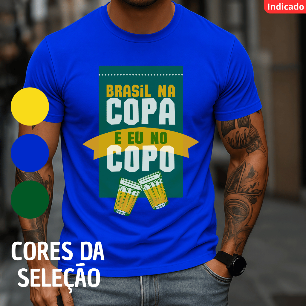 Camiseta Masculina Brasil Copa do Mundo de Futebol Brasil na Copa e Eu no Copo Cerveja Estilo Moda