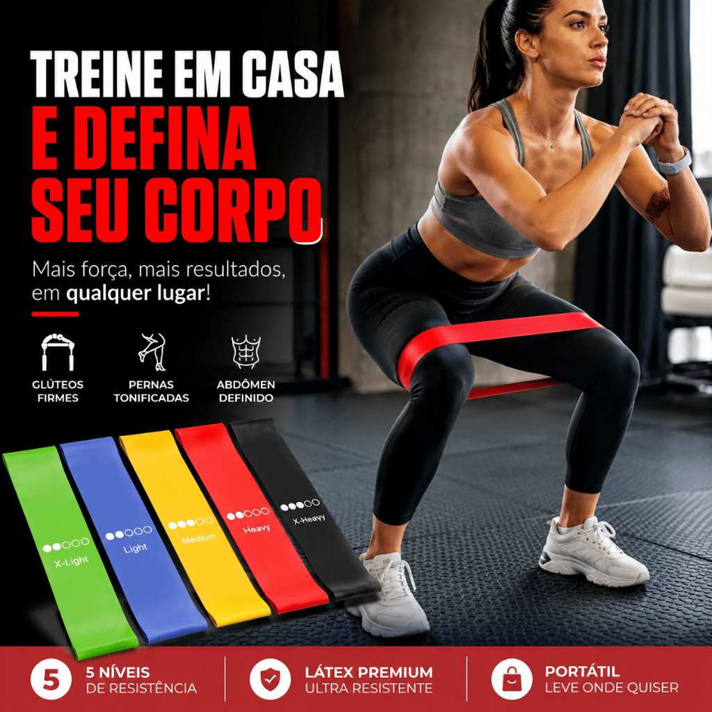 Kit 5 Faixas Elásticas Mini Band 5 Níveis de Resistência Academia Glúteos Pernas Musculação Pilates