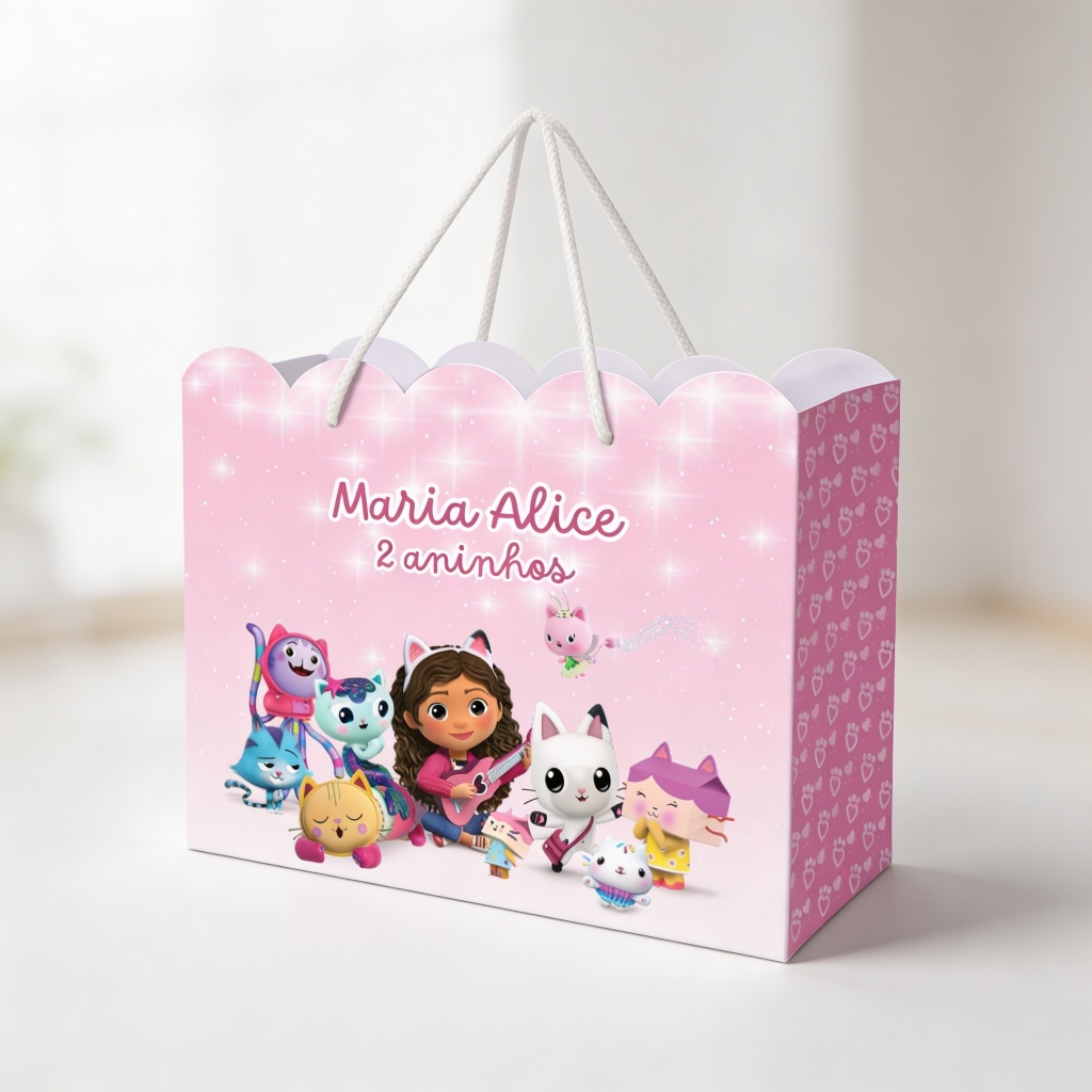 Sacolinha Personalizada Menina Lembrancinha Aniversário Infantil Festa 2 Estilos Gatinha Casa mágica da Gabi