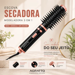 Escova Secadora Rotativa Rosa e Preto Escova RotatóriaAgratto 6 em 1 Escova Cabelo Bivolt