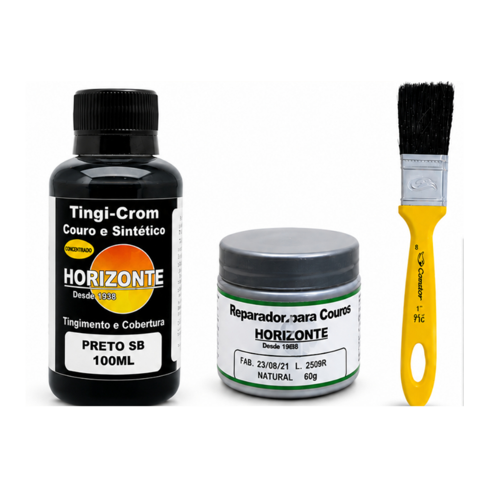 Kit Massa Reparadora Restaurar Banco Couro Painel Automotivo tinta 100ml + pincel + repara couro 90gr horizonte
