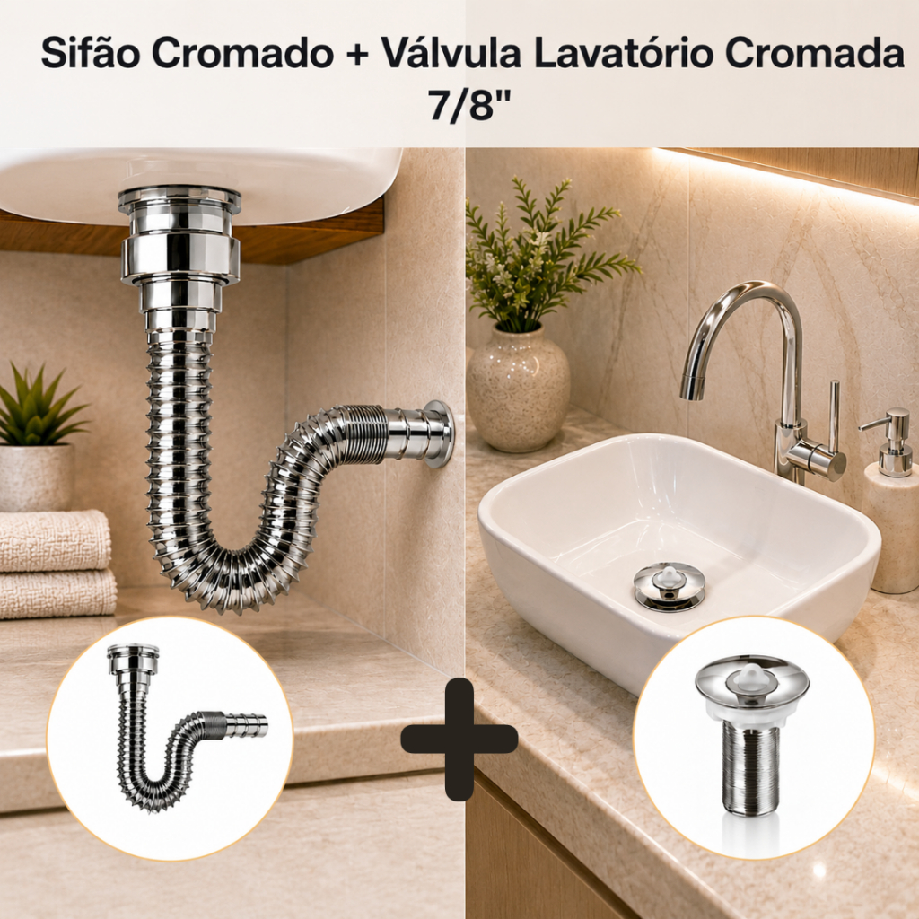 KIT Sifão Cromado + Válvula Cromada 7/8" ABS - Sanfonado Flexível Cozinha Banheiro Lavatório Gourmet