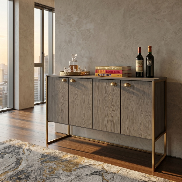Aparador Buffet Multiuso 4 Portas MDF – Armário Sala, Sala de Jantar ou Hall. COR: CINZA E DOURADO