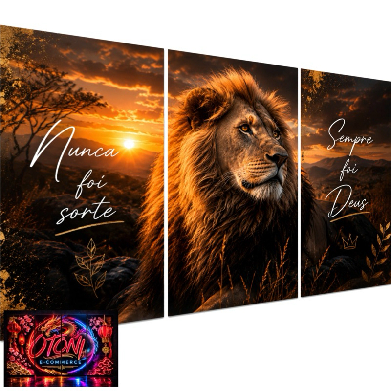 Quadro Decorativo Grande Leão De Judá Por Do Sol Religioso Nunca Foi Sorte Sempre Foi Deus 3 Peças 122x60