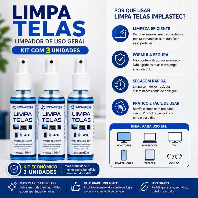 Kit 3 un Limpa Telas 60ml Limpeza Eficiente para Celulares, Lentes de Óculos, TVs e Notebooks!