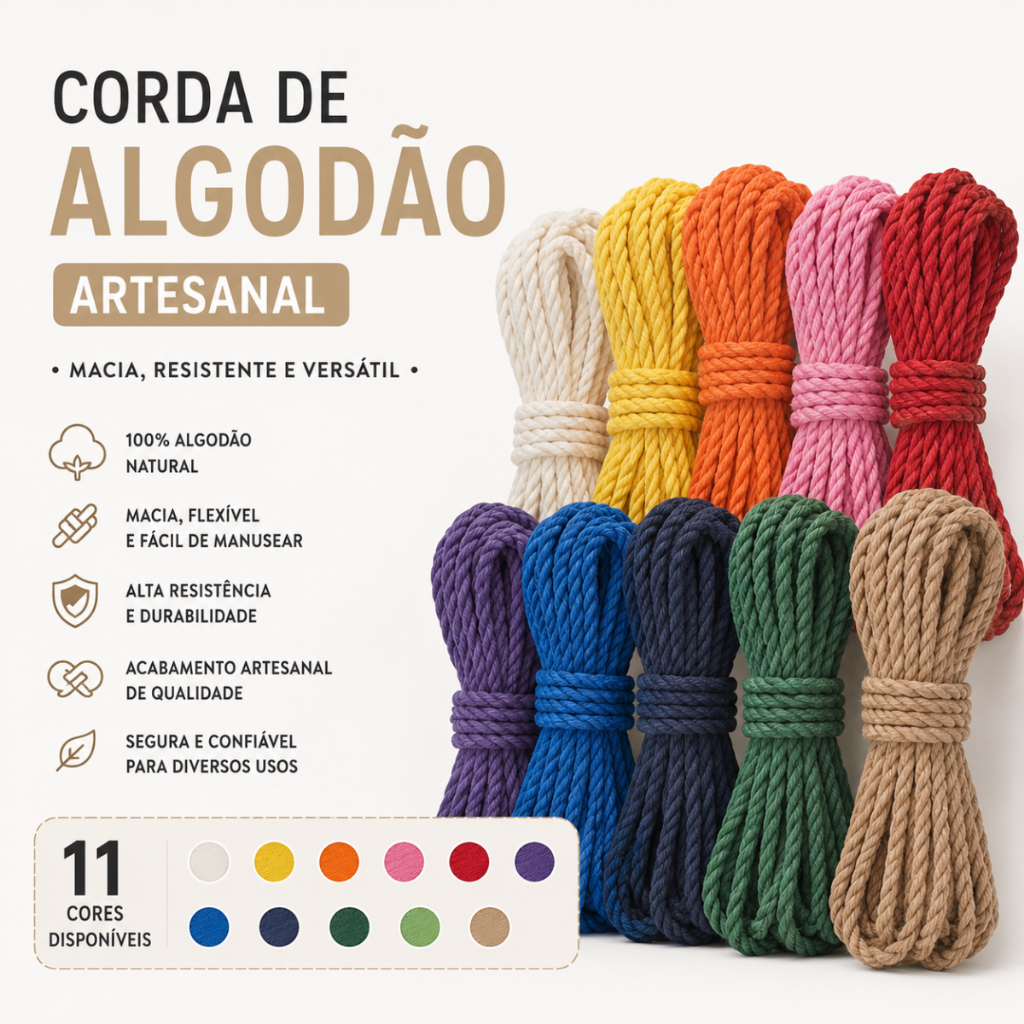 Corda Torcida 100% Algodão 8m x 6mm Colorida Esporte Lazer Arte Decoração