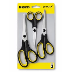Kit 3 Tesouras Multiuso Aço Inox Costura Artesanato Cozinha Escritório Escola Kit Pratico Preto Amarelo